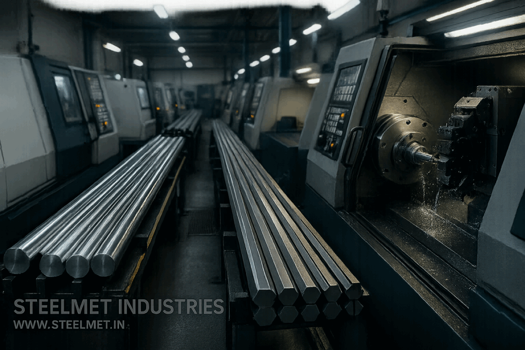 Bright steel bars arranged for CNC machining in an automotive components workshop.