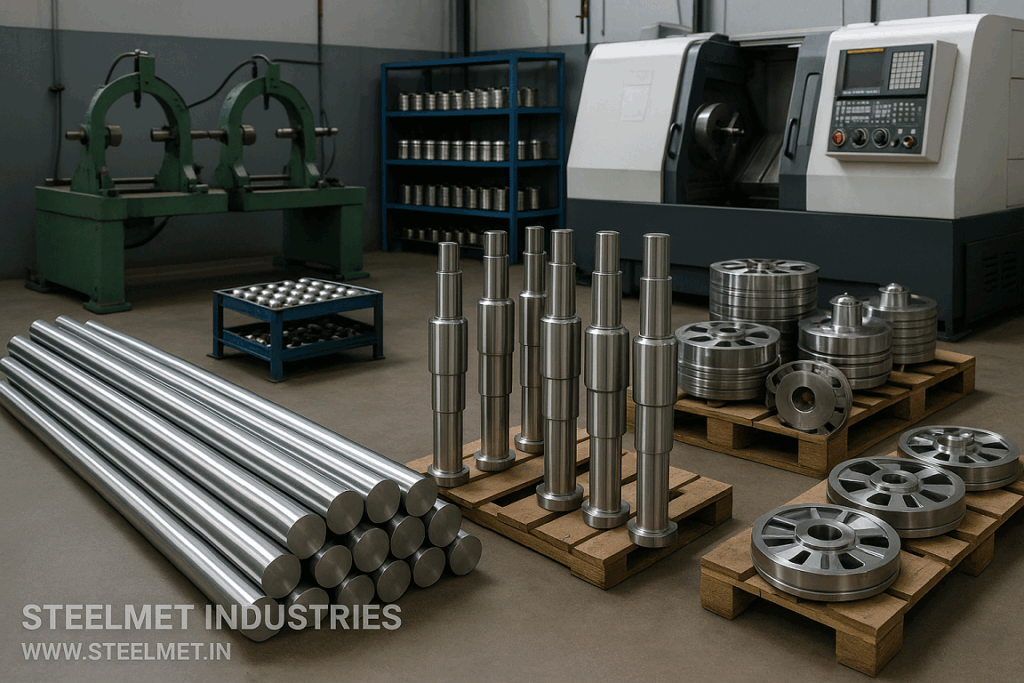 Bright steel bar motor shafts and rotor blanks in a balancing and machining area