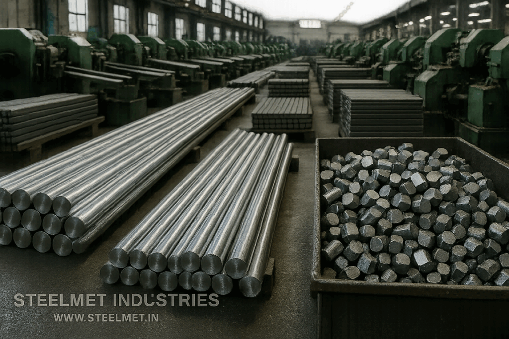 Bright steel bars and bolt blanks staged in a fastener production area