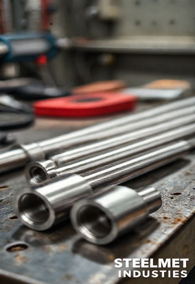 Bright steel dowels, mandrels and small shafts staged for machining and inspection