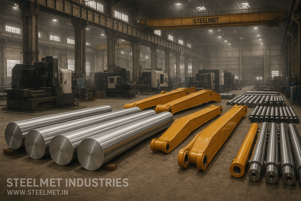 “Bright steel bars staged for fabrication of excavator booms and hydraulic pins.