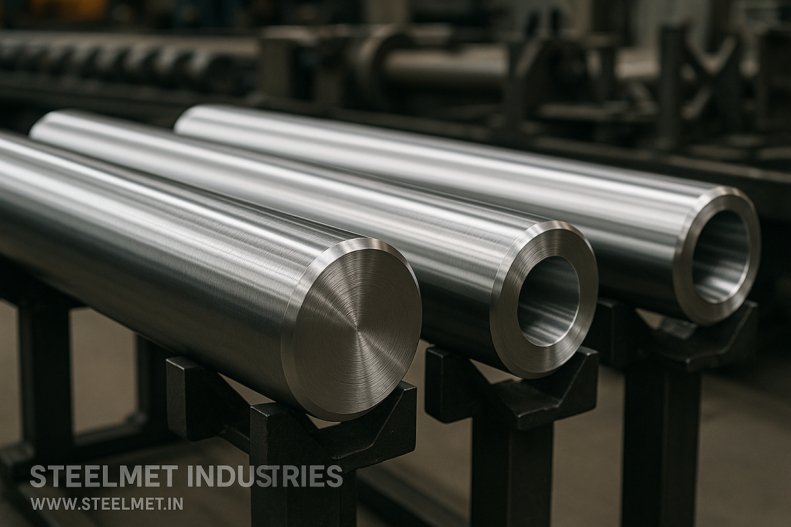 Bright steel bars and machined heavy engineering components awaiting inspection
