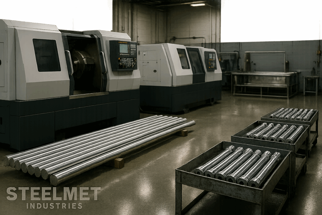 Bright steel bars and hydraulic piston rod blanks in machining area