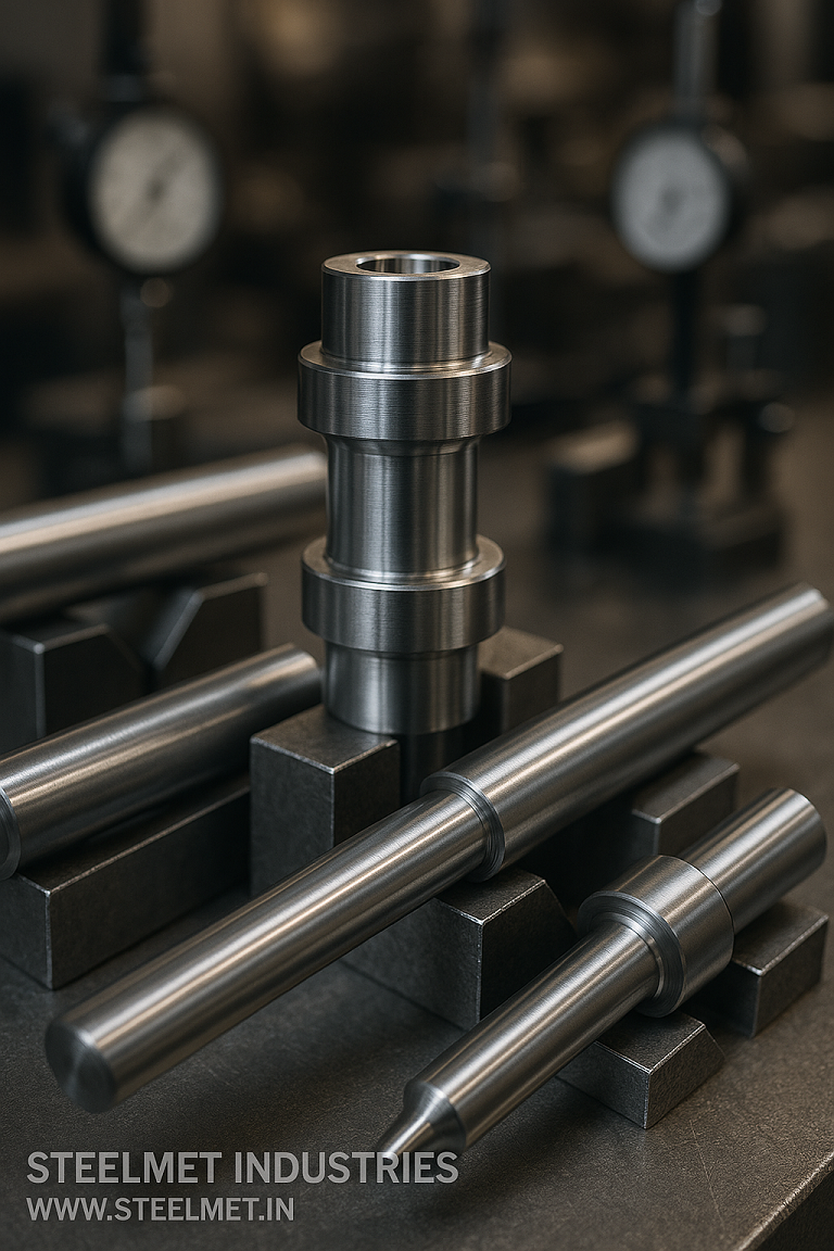 Bright steel bars and machined industrial components on inspection stands