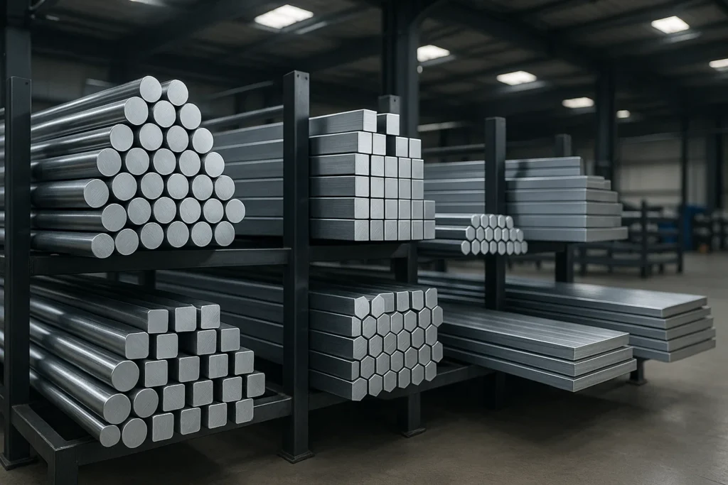 Steel bright bars in various shapes arranged in an industrial warehouse.