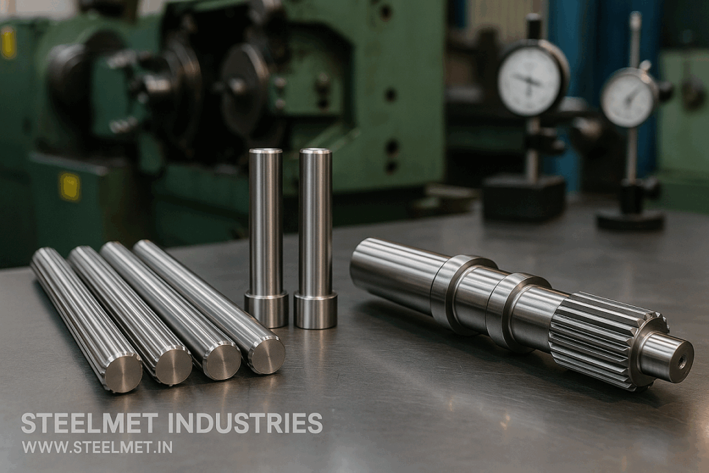 Bright steel spline blanks and transmission shaft on inspection bench