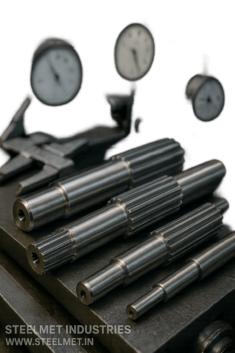 Bright steel shafts, spline blanks and mandrels staged for precision turning and inspection
