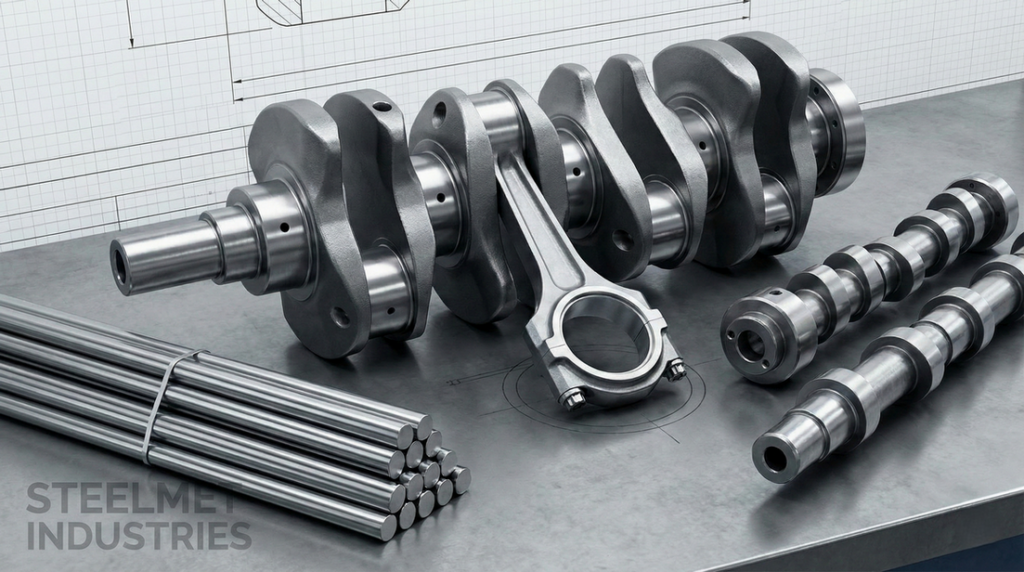 Cold drawn steel rods with forged crankshaft and camshaft components used in engine manufacturing